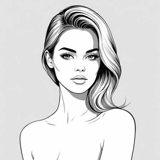This black and white illustration features a woman with a striking, almost ethereal appearance. She has long, wavy hair that cascades over her right shoulder, with a subtle side part. Her hair is predominantly black with lighter highlights, adding depth to the monochromatic palette. The woman's face is characterized by thick, dark eyebrows and long eyelashes that frame her eyes, which are rendered in a light gray hue. Her lips are full and slightly parted, revealing a hint of her teeth, and her expression is neutral, neither smiling nor frowning. She has a slender neck and bare shoulders, suggesting she might be unclothed, though the image cuts off just below her chest. The background is a solid gray, which contrasts with her pale skin and dark hair, enhancing the overall dramatic effect of the illustration.