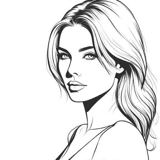 This black and white pencil sketch depicts a woman with long, wavy hair that cascades down to her shoulders. Her hair is parted in the middle, with strands framing her face and flowing behind her. She has a fair complexion and is adorned with a thin, delicate necklace. The woman's head is slightly tilted to the left, and she gazes directly at the viewer with large, expressive eyes that feature prominent eyelashes. Her eyebrows are thick and well-defined, adding to her striking appearance. She has a full, slightly parted mouth, revealing her top teeth. The sketch captures her from the shoulders up, emphasizing her elegant and serene expression.