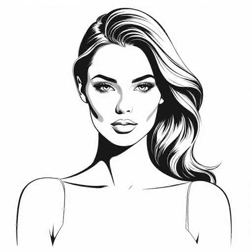 This black and white illustration features a strikingly beautiful woman with long, wavy hair that cascades down to her shoulders. Her hair is parted on the side, with a side bang framing her face. She has a very defined, chiseled jawline and high cheekbones, giving her a somewhat angular and dramatic appearance. Her eyes are accentuated with long eyelashes and dark eyebrows, and she wears a full, pouty mouth that adds to her captivating look. The woman is dressed in a white top with thin straps, and the image captures her from the chest up. The background is entirely white, which makes her figure stand out prominently. The overall style of the drawing is somewhat cartoonish, with exaggerated features that emphasize her beauty and allure.