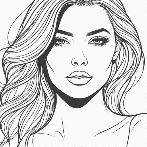 This black and white sketch portrays a young woman with a striking, serious expression. Her long, wavy hair cascades down to her chest, with a section tucked behind her left ear, revealing a single stud earring. Her facial features are meticulously detailed: she has thick, arched eyebrows, long eyelashes, and a full mouth. Her face is framed by sharp cheekbones, and her neck casts a shadow beneath her chin, adding depth to the image. She is wearing a scoop-neck shirt, and the drawing captures her from the top of her head down to just below her neck. The background is a stark white, emphasizing the contrast and focus on her face.