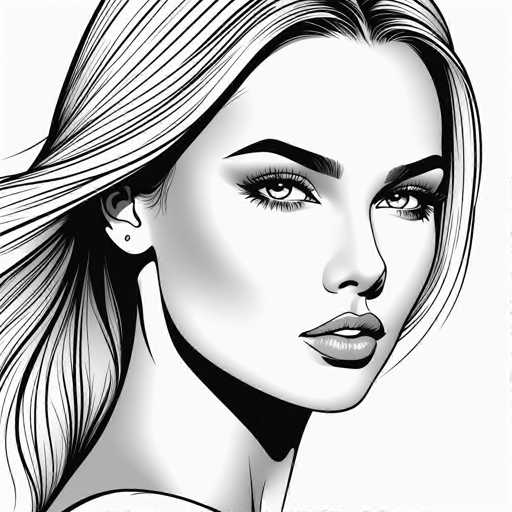 The image is a black and white line drawing depicting a woman with blonde hair styled in loose waves. The woman's face is the central focus of the illustration, which is rendered in a realistic style. The artist has used shading techniques to create depth and dimension, giving the drawing a three-dimensional appearance.