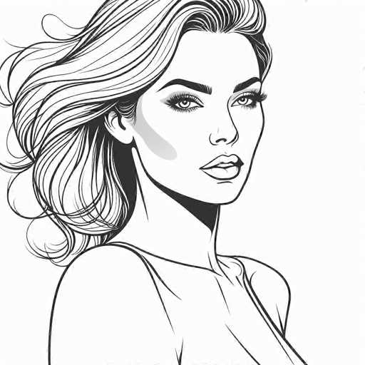 This black and white illustration features a striking woman with flowing, wavy hair that cascades down to her shoulders. Her hair is predominantly black with lighter highlights, adding depth and texture to the image. She has a fair complexion and is adorned with subtle makeup, including eyeliner and mascara, which accentuates her expressive eyes. Her lips are slightly parted, revealing a glimpse of her teeth, and she has a slight, enigmatic smile on her face. The woman is dressed in a sleeveless top, and the image captures her from the chest up, with her head turned slightly to the right. The background is a plain white, which makes her figure stand out prominently. The overall style of the illustration is somewhat cartoonish, with a focus on bold, black outlines that define her features and attire.