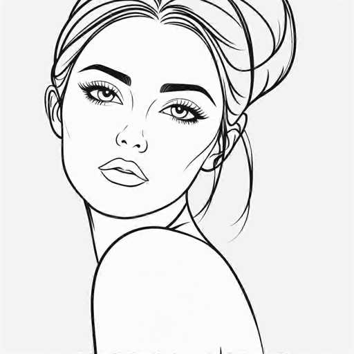 This image features a detailed black and white line drawing of a woman's face and upper body. The woman is depicted with her head turned over her right shoulder, gazing directly at the viewer. Her hair is styled in a bun, with a few loose strands framing her face. She has prominent, thick eyebrows and long eyelashes that accentuate her large, expressive eyes. Her nose is small and delicate, and her full lips are slightly parted, revealing a hint of her teeth. The drawing captures the subtle contours of her neck and the top of her shoulder, with the background rendered in a light gray tone. The overall style is reminiscent of a comic book or graphic novel illustration, emphasizing the woman's striking features and the simplicity of the composition.