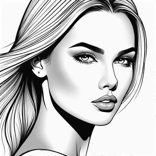 A black and white digital illustration of a woman's face, rendered in a highly detailed, stylized fashion. The artwork is monochromatic, utilizing sharp lines and shading to create depth and form. Her long, flowing hair is depicted with dynamic movement, suggesting a gentle breeze. The focus is on her expressive eyes, which are large and captivating, with defined eyelashes and detailed irises. Her lips are full and subtly curved, adding to the overall elegance of the portrait. The style is reminiscent of a modern illustration or digital sketch, emphasizing texture and light through carefully placed lines.