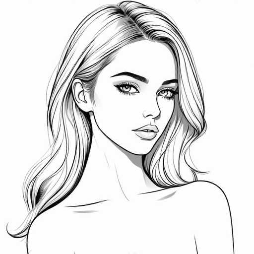 This black and white illustration features a young woman with long, wavy blonde hair that cascades down to her shoulders. Her hair is parted on the side, with a slight curl at the ends. She has thick, dark eyebrows and long eyelashes that accentuate her large, expressive eyes. Her lips are full and slightly parted, revealing a glimpse of her teeth. The woman is depicted from the shoulders up, with her head turned to the right, gazing directly at the viewer. Her neck is slender, and her bare shoulders are visible, suggesting she might be wearing a strapless top. The background is plain white, emphasizing the detailed and realistic style of the drawing, which appears to be done in pencil or pen.