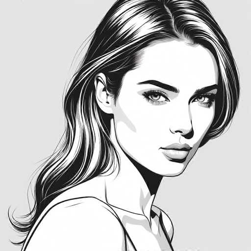 This black and white illustration features a young woman with a striking, intense gaze directed straight at the viewer. Her long, wavy hair cascades down her back, with a few strands tucked behind her ear, revealing a small hoop earring. She has thick, dark eyebrows and long eyelashes that frame her expressive eyes, which are accentuated by a touch of eyeliner. Her full lips are slightly parted, adding to her captivating expression. She is dressed in a white shirt with a collar, and the image captures her from the shoulders up, set against a light gray background. The detailed shading and intricate lines of the drawing emphasize her facial features and the texture of her hair, creating a lifelike and engaging portrait.