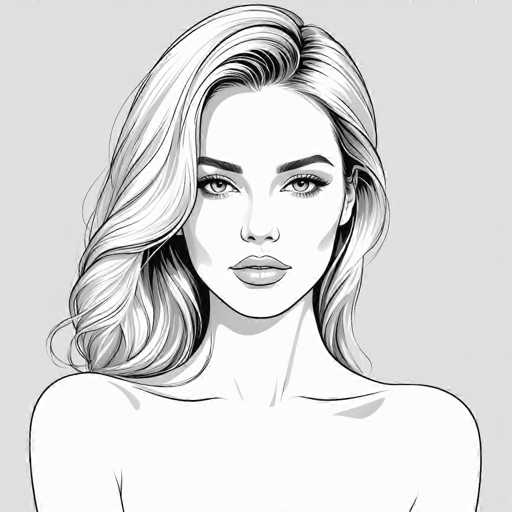 This black and white illustration features a young woman, likely in her early 20s, with a striking and detailed appearance. She has long, wavy hair that cascades past her shoulders, with a hint of blonde. Her hair is parted on the side, and she has thick, dark eyebrows that frame her expressive eyes. Her eyes are accentuated with mascara, and she has long eyelashes. She has a full, pouty mouth and a defined jawline. The woman is depicted from the shoulders up, with her bare shoulders visible, suggesting she might be wearing a strapless top or dress. The background is a light gray, which contrasts with her pale skin and dark hair. The overall style of the drawing is somewhat cartoonish, yet it captures realistic details, giving it a unique and captivating look.
