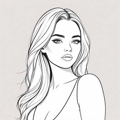 This image features a detailed black-and-white drawing of a young woman, likely in her late teens or early twenties. The artwork is set against a light gray background, which accentuates the intricate details of the drawing. The woman has long, flowing hair that cascades down to her chest, with a few strands playfully blowing in the wind. Her hair is parted in the middle, framing her face symmetrically. She has thick, dark eyebrows and long eyelashes that add to her expressive eyes. Her lips are slightly parted, revealing her top teeth, and she gazes directly at the viewer with a neutral expression. She is dressed in a sleeveless top with a deep V-neck, which adds a touch of elegance to her appearance. The overall composition of the drawing highlights her delicate features and the graceful movement of her hair, creating a captivating and serene portrait.