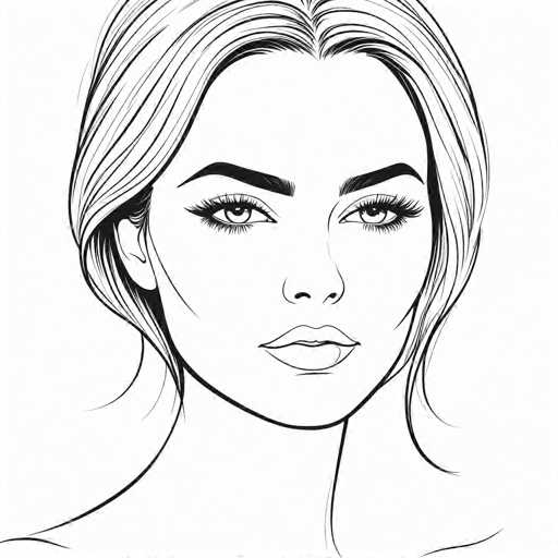 This black and white illustration features a woman with a striking, symmetrical appearance. Her hair is parted in the middle, with strands cascading down either side of her face, framing her features. She has thick, well-defined eyebrows and long eyelashes that accentuate her eyes. Her lips are full and slightly parted, revealing a glimpse of her teeth. The woman's expression is neutral, with no hint of a smile. The drawing captures her from the shoulders up, showcasing her elegant neck and the delicate lines of her collarbones. The background is a stark white, emphasizing the intricate details of her face and hair.