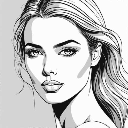 This black and white illustration features a woman with a striking, almost ethereal appearance. Her long hair cascades down her back, framing her face with a soft, wavy texture. She has thick, dark eyebrows that contrast sharply against her pale skin. Her eyes are large and expressive, with long eyelashes that add to her captivating gaze. The woman's lips are full and slightly parted, revealing a glimpse of her teeth. Her nose is delicate, with a subtle curve that adds character to her face. The illustration captures her from the shoulders up, with her head turned slightly to the left, giving her a thoughtful, introspective expression. The background is a muted gray, which further accentuates the intricate details of her features and the fine lines that define her facial structure.