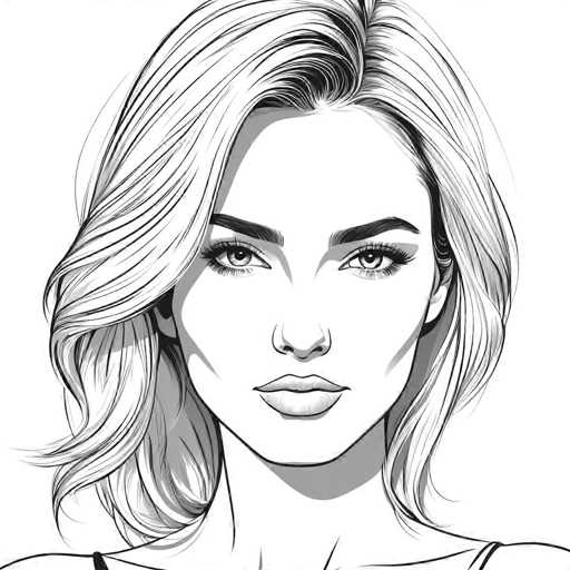 This black and white illustration features a woman with a striking, almost ethereal appearance. Her hair, which is a blend of blonde and dark brown shades, cascades down to her shoulders, with a subtle wave at the ends. The hair is parted in the middle, revealing a forehead that is slightly elongated. Her eyebrows are dark and well-defined, complementing her long eyelashes that frame her eyes, which appear to be a light color, possibly blue or gray. She has a full, pouty mouth and a defined jawline, with subtle shadows accentuating her cheekbones and neck. The woman is wearing a top with thin straps, visible on her shoulders, and the illustration captures her from the shoulders up. The background is stark white, emphasizing the contrast and details of her facial features.