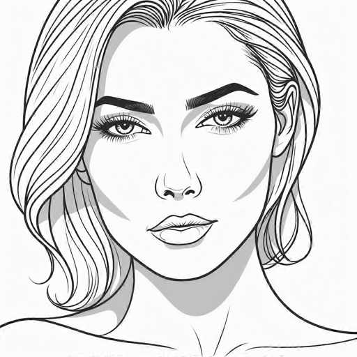 This black and white illustration features a woman's face and upper body, rendered with a striking level of detail. The woman has short, wavy hair that falls just below her ears, with a slight part on the left side. Her facial features are distinct, with thick, arched eyebrows and long eyelashes that accentuate her eyes. She has a small nose and full lips, with a subtle shadow cast on her neck, adding depth to the image. The woman's expression is neutral, and she is looking directly at the viewer. The illustration captures her from the shoulders up, with no visible clothing, emphasizing her bare shoulders and neck. The background is a plain white, which contrasts with the intricate black lines that define her features, giving the image a bold and graphic quality.