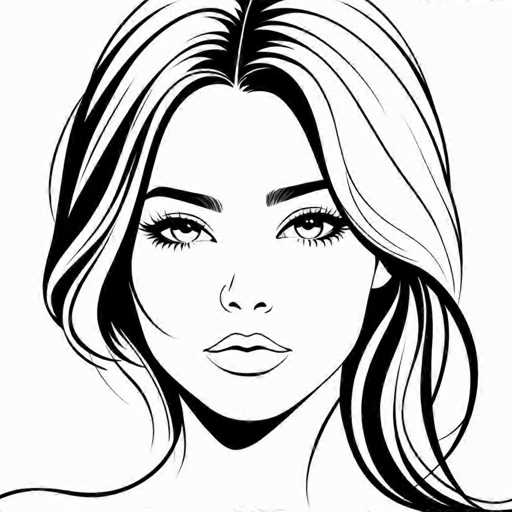 This black and white illustration features a young woman with a distinct, artistic style. Her hair is long, wavy, and voluminous, cascading down to her shoulders with a mix of black and white highlights. The hair is parted in the middle, with some strands falling over her forehead and others framing her face. She has thick, dark eyebrows and long eyelashes that accentuate her large, expressive eyes. Her nose is small and delicate, and her full lips are slightly parted, giving her a contemplative expression. The drawing captures her from the shoulders up, with a shadow under her chin adding depth to the image. The background is plain white, emphasizing the intricate details of her face and hair.