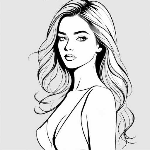 This black and white illustration features a woman with long, wavy hair that cascades down to her waist. She is depicted from the chest up, with her body angled slightly to the left while her head is turned to face the viewer directly. The woman's hair is parted in the middle, with strands flowing over her shoulders and down her back. She has thick eyebrows and long eyelashes, and her lips are slightly parted, revealing a glimpse of her teeth. Her expression is neutral, with no hint of a smile. She is wearing a sleeveless top, and the background is a light gray, providing a subtle contrast to her figure. The overall composition is simple yet striking, focusing attention on the woman's serene and captivating presence.