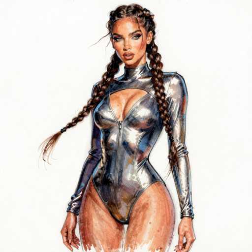 The image depicts a detailed drawing of a young woman, possibly in her late teens or early twenties, with a striking resemblance to Zendaya. She has long, dark brown hair styled into two braids that cascade over her shoulders. Her complexion is a light tan, and she has a serious expression on her face, with her mouth slightly open, revealing her top teeth. She is adorned with light pink lipstick and has a full face of makeup, including noticeable eyeliner and mascara.

The woman is dressed in a form-fitting, metallic bodysuit that accentuates her figure. The bodysuit is primarily silver with hints of blue and yellow, and it features a zipper running down the front, revealing her cleavage. The suit is designed with long sleeves that extend to her wrists, and it has a high neckline that wraps around her neck. The bodysuit also includes a thong bottom, and the drawing captures her legs up to just above the knees, where the image cuts off. The background is a plain white, making the detailed features of the woman and her attire stand out prominently.