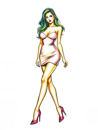 A woman is depicted wearing a pink dress and high heels against a white background. The image does not contain any text or other objects.