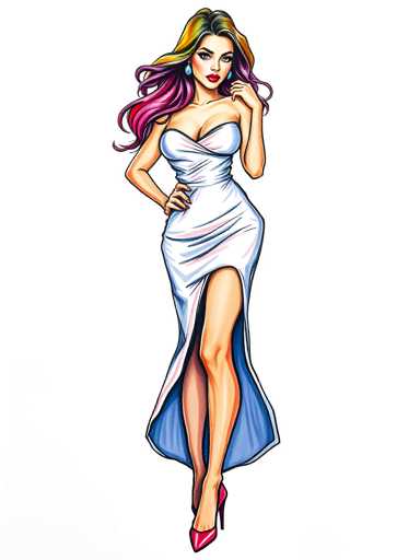A woman with long blonde hair and a strapless white dress is the central figure in this illustration. She stands confidently against a stark white background, her left hand resting on her hip while her right hand is placed on her thigh. The image does not contain any text or other discernible objects, focusing solely on the woman's pose and attire.