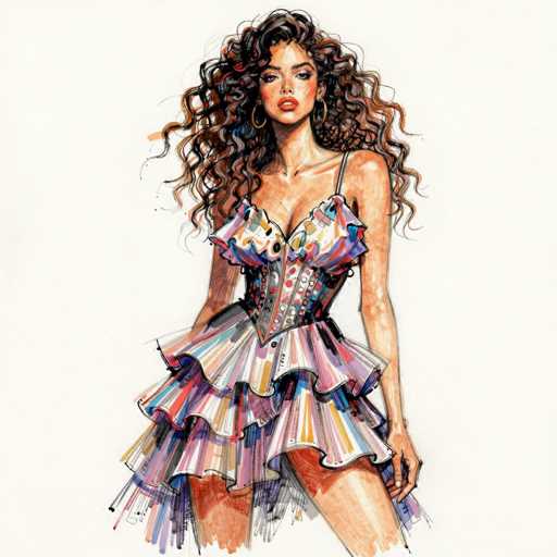 This image features a detailed drawing of a woman with long, wavy, dark brown hair that cascades down to her chest. She has a tan complexion and is adorned with large gold hoop earrings. Her makeup includes red lipstick and blush on her cheeks, complementing her expressive brown eyes. She is dressed in a short, flared dress that is predominantly white with splashes of pink, blue, and yellow. The dress has a single thin spaghetti strap on her left shoulder, while her right shoulder is bare. Over the dress, she wears a corset-like top with a silver and blue design, featuring a row of buttons down the center. The dress flares out at the bottom, revealing her legs. The background of the image is a light tan color, and the woman is looking directly at the viewer.