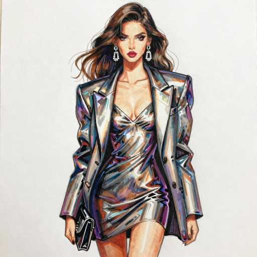 This image is a detailed, cartoon-style drawing of a young woman, likely in her early 20s, with long, wavy brown hair that cascades past her shoulders. She has a fair complexion, dark eyes, and dark eyebrows, complemented by bright red lipstick. Her attire is striking and stylish: she wears a short, metallic silver dress with a bow at the chest, paired with a matching metallic silver jacket that features large, puffy shoulders and long sleeves. She accessorizes with large, dangling earrings that resemble white pearls and carries a black clutch purse in her right hand. The background is a light gray, almost white, which makes her vibrant outfit stand out even more. The overall style of the drawing is reminiscent of a comic book or animated character, with bold lines and vivid colors.