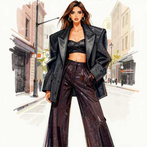 The image depicts a detailed, cartoon-style drawing of a woman standing on a city street. She has long, wavy brown hair that cascades down to her shoulders, and she is wearing gold hoop earrings. Her outfit consists of a black leather jacket with large, exaggerated shoulder pads, a black bra top, and black pants that appear to be made of leather or a similar material. The woman's left hand is casually tucked into her pocket, while her right hand hangs by her side. She has a confident, slightly sly expression on her face, with her head tilted slightly to the right. The background features a cityscape with buildings on both sides of the street, a streetlight, and a few people walking in the distance. The overall scene is set against a white background, emphasizing the woman as the central focus of the image.