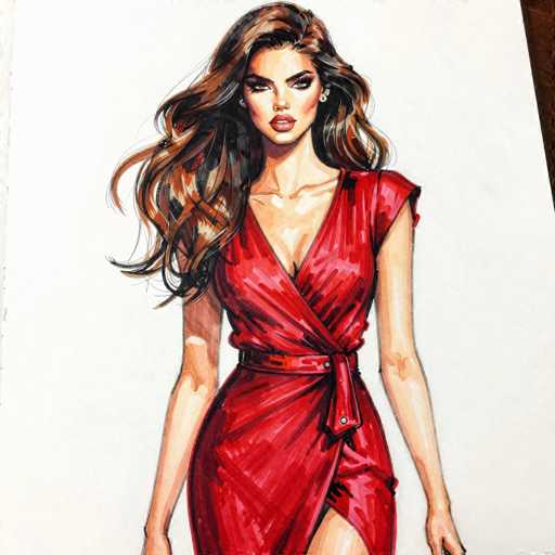 This image features a detailed drawing of a woman with long, wavy brown hair that cascades down to her waist. She is depicted wearing a striking red dress that accentuates her figure, with a V-neckline that reveals a hint of cleavage. The dress is cinched at the waist with a matching red belt, which has a small buckle and two buttons. The dress also features a slit on the left side, adding a touch of allure. The woman's arms are positioned at her sides, and she is adorned with earrings. Her makeup is meticulously applied, with noticeable lipstick and eye shadow, enhancing her expressive features. The background of the image is a clean white, with a small black triangle in the top right corner, possibly indicating the edge of the paper or surface on which the drawing is placed.