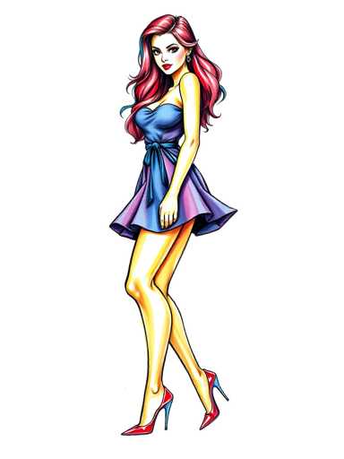 A woman with long red hair and a blue dress is standing on her tiptoes against a white background. She is wearing high heels that match the color of her dress.
