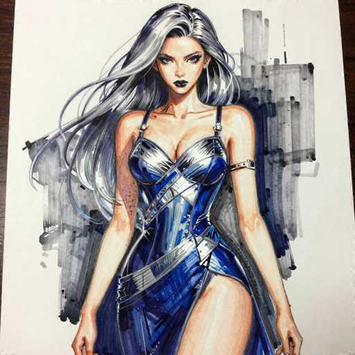 The image depicts a detailed drawing of a woman with long, flowing gray hair that cascades down to her waist. She is dressed in a striking blue dress that features a silver corset-like top, which is adorned with intricate straps and buckles. The dress has a high slit on the left side, revealing her leg. Her arms are bare, and she wears a silver bracelet on her left arm. The woman has a serious expression, with dark lipstick and eyes that appear to be either gray or blue. The background is a mix of gray and white, with a wooden surface visible on the left and right sides of the image. The overall composition is square, with the woman positioned centrally, giving the impression of a comic book or video game character.