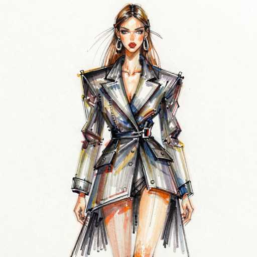 A fashion illustration of a woman modeling a futuristic, avant-garde coat. The coat is predominantly silver with black accents and features sharp, angular shoulders and a structured silhouette. It has a wide, belted waist with a prominent buckle and asymmetrical details on the sleeves and hemline. The model has long, flowing brown hair with a few strands falling over her shoulders, and she's wearing large, dangling earrings. Her makeup is bold, with a focus on red lips and defined eyes. The overall style is high-fashion and dramatic, emphasizing the garment's unique design and futuristic aesthetic.