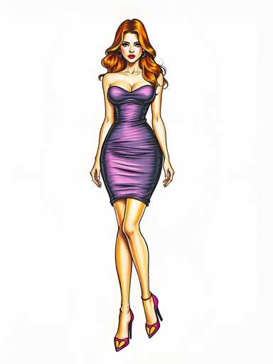 A woman is depicted wearing a purple strapless dress and high heels against a white background.
