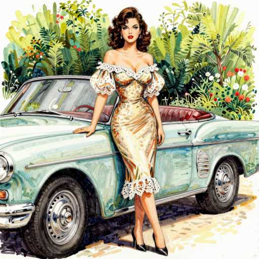 The image is a detailed, hand-drawn illustration of a woman leaning against a vintage convertible car, reminiscent of the 1950s or 1960s. The woman, who has long, curly brown hair and is wearing red lipstick, is dressed in a form-fitting, gold dress with white lace trim at the top, bottom, and sleeves. The dress is low-cut, revealing her cleavage, and she is wearing black high heels. She is positioned with her left hand on the car and her right hand by her side, looking directly at the viewer. The convertible car, which is a light blue or teal color with a red leather interior, is parked on a dirt road. The background features a lush array of tropical plants, including ferns, palm trees, and various flowers in shades of red, white, and yellow. The scene is set against a white sky, adding to the vintage, tropical ambiance of the illustration.