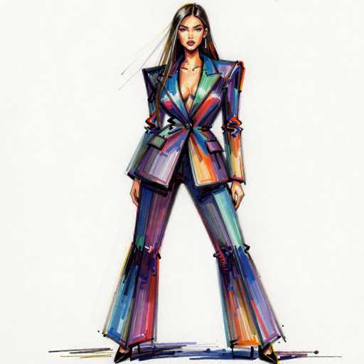 This image features a striking, cartoon-style drawing of a woman set against a white background. The woman has long, straight black hair that cascades down to her waist, with a few strands blowing to the left. She has a serious expression, with her lips closed and her gaze directed straight at the viewer. Her skin is a light tan, and she wears long, dangling earrings.

Her outfit is a vibrant, multicolored ensemble that combines elements of a suit and a dress. The top part of the outfit is a blazer with exaggerated, shoulder pads that are almost square-shaped, giving it a bold, 80s-inspired look. The blazer is open, revealing a low-cut, plunging neckline that exposes some cleavage. The colors of the blazer blend seamlessly into the pants, creating a rainbow effect with shades of blue, purple, red, orange, and green.

The pants are wide-legged and flare out at the bottom, ending in a slight bell shape. They match the blazer's multicolored theme, further enhancing the outfit's eye-catching design. Her feet are adorned with black high heels, completing her bold and colorful look.