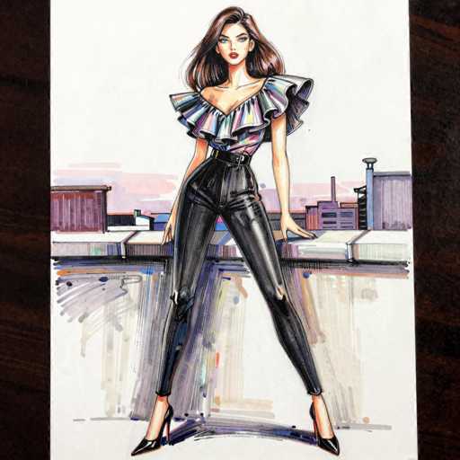The image is a detailed drawing of a woman standing on a rooftop, set against a cityscape backdrop. The woman has long, dark brown hair that cascades down to her shoulders, and she is wearing striking red lipstick. Her outfit is a vibrant, multicolored ensemble featuring a top with puffy, shoulder pads and a ruffled collar that extends down to her waist. The top is form-fitting, accentuating her figure, and she pairs it with tight black leather pants that have a high waist and taper down to her ankles. She completes her look with black high heels. The cityscape behind her includes various buildings, with a prominent red structure on the left and a gray building on the right, all set against a white sky. The drawing is placed on a dark brown table, adding a contrasting background to the vivid colors of the artwork.