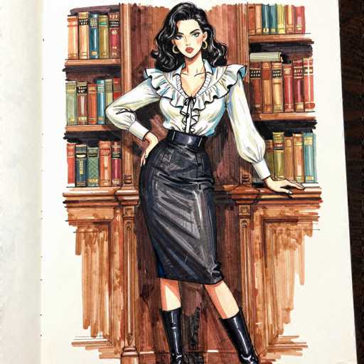 The image depicts a detailed drawing of a woman standing in front of a bookshelf. She has long, wavy black hair that cascades down to her shoulders and is wearing gold hoop earrings. Her outfit consists of a white blouse with a frilly, lacy collar and puffy sleeves that are slightly rolled up. A black belt cinches her waist, and she is wearing a black leather skirt that falls just above her knees. Her legs are bare, and she is wearing black boots that reach up to her knees. The woman's left hand rests on the bookshelf, while her right hand is placed on her hip. The bookshelf behind her is filled with books of various colors, including red, blue, green, and yellow. The background features a wooden wall, adding a rustic touch to the scene.