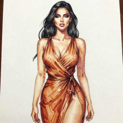 This image features a detailed drawing of a woman with long, wavy black hair cascading down her back. She is depicted wearing a striking orange dress that accentuates her figure, particularly highlighting her large breasts and curvaceous hips. The dress is designed with a deep V-neckline that plunges down to her belly button, and it features a high slit on the right side, revealing her leg. The dress is cinched at the waist with a bow tie, adding a touch of elegance to the outfit. The woman's arms hang naturally by her sides, and she gazes directly at the viewer with a serious expression. Her lips are painted a bold red, and she wears eye shadow that enhances her eyes. The background of the image is a plain white, which makes the vibrant colors of the dress and the woman's features stand out prominently.