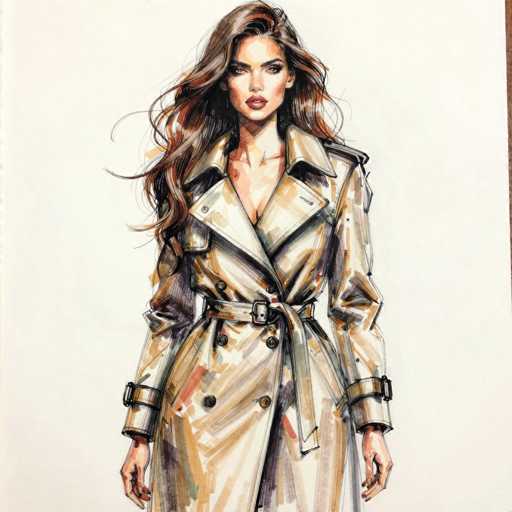 The image depicts a detailed drawing of a woman with long, wavy brown hair that cascades down to her waist. She is wearing a tan trench coat with a belt around the waist, which is tied in a knot, and the coat features large buttons and a collar. The woman has a serious expression on her face, with her head slightly tilted to the right. Her eyes are dark, and she has red lips. The background is a light tan color, and the drawing style suggests it could be a fashion illustration. The woman's hands are visible, hanging down by her sides, and the overall composition gives the impression of a stylish, possibly high-fashion depiction.