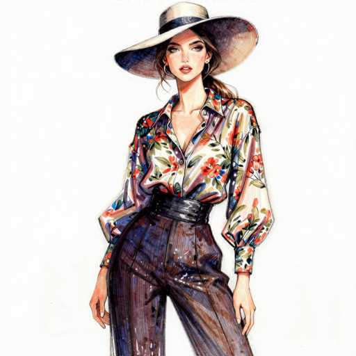 The image depicts a detailed drawing of a woman with long brown hair, styled in a ponytail, wearing a large, wide-brimmed hat that is white with a blue band. She has striking blue eyes, red lipstick, and large hoop earrings. Her attire consists of a vibrant, multicolored floral shirt with shades of red, green, blue, and white, featuring a low neckline and long sleeves. She pairs this shirt with dark brown pants that have a shiny, reflective texture, possibly resembling leather or silk. Around her waist, she sports a thick black belt. The woman's hands are visible, with her right hand slightly raised. The background of the image is plain white, emphasizing the detailed and colorful elements of her outfit.
