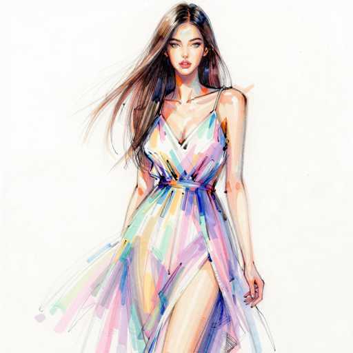 This image features a detailed, colored pencil drawing of a young woman, likely in her late teens or early twenties, with long, flowing brown hair that cascades down to her waist. She has a light complexion and is wearing a vibrant, sleeveless dress with thin straps. The dress is a striking blend of colors, including shades of pink, purple, blue, yellow, and green, with a low-cut V-neckline and a high slit on the right side, revealing her leg. The dress cinches at the waist with a sash, adding a defined waistline to the design. The woman is depicted with her left arm hanging down by her side, while her right arm is obscured by the fabric of her dress. She has a serious expression, with her mouth slightly open, and her eyes are looking directly at the viewer. The background is a plain white, emphasizing the detailed and colorful nature of the drawing.