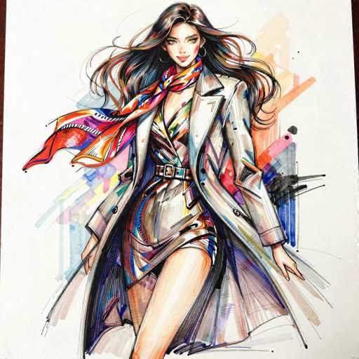 The image depicts a detailed, colorful drawing of a young woman, likely in her late teens or early twenties, with long, wavy black hair that has subtle hints of brown and orange. She is wearing a striking, multicolored outfit that includes a short dress with a belt and a long, open overcoat that extends down to her knees. The dress and coat feature vibrant shades of blue, red, yellow, and purple, creating a dynamic and eye-catching ensemble. Around her neck, she sports a large, multicolored scarf that adds to the lively aesthetic of the drawing. The woman has a slight smile on her face, and her hands are positioned at her sides. The background is a plain white, which contrasts with the vivid colors of her attire, making her stand out prominently. The overall style of the drawing is reminiscent of a comic book or anime, with bold lines and a focus on the woman's expressive features.