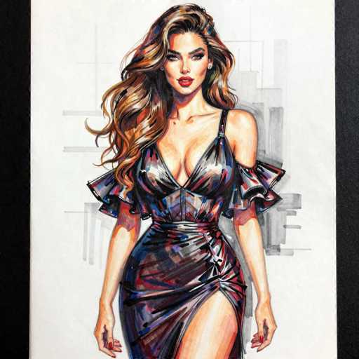 This image features a detailed, realistic drawing of a woman with long, wavy brown hair that cascades down to her chest. She is depicted wearing a form-fitting, black dress with a single strap over her right shoulder and a V-neckline that reveals a significant amount of cleavage. The dress is adorned with a shiny, reflective material that captures the light, giving it a dynamic appearance. The dress also features a high slit on the right side, exposing her leg up to the thigh. Her arms are positioned at her sides, with her hands slightly clenched, showcasing her red fingernails. She has full, red lips and is wearing earrings, adding to her glamorous look. The background is a light gray with subtle black lines, and the image is framed by a black border on the left and right sides. The overall composition highlights the woman's striking features and the intricate details of her attire.