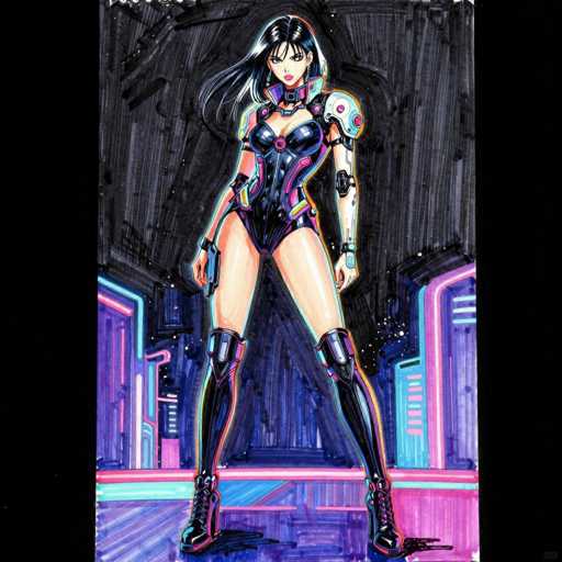 The image depicts a detailed drawing of a female character, possibly from a video game or anime, set in a futuristic, cyberpunk environment. She stands confidently in the center of the image, with her legs spread apart and her hands resting on her hips. The character has long, flowing black hair with white highlights and is adorned with pink lipstick and earrings. She wears a form-fitting, black and purple bodysuit that extends from her neck to her thighs, complemented by knee-high black boots with laces. Her outfit includes a black bra and a purple belt, and she has a gun holstered on her right hip. Additionally, she has a mechanical left arm with a white and purple shoulder pad, suggesting a blend of organic and robotic elements. The background features a dark, black sky with a futuristic cityscape below, illuminated by vibrant neon lights in shades of pink, purple, and blue. The ground beneath her is a mix of pink and purple hues, enhancing the overall cyberpunk aesthetic.