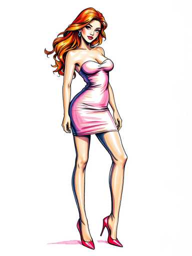A woman with long red hair and a strapless pink dress stands confidently against a white background, wearing high heels.