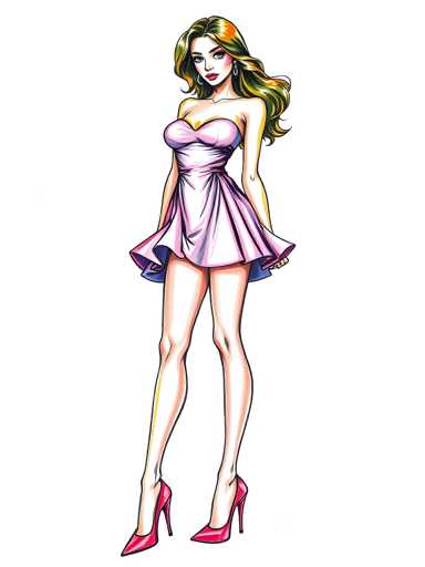 A woman is standing against a white background wearing a pink dress and red high heels.