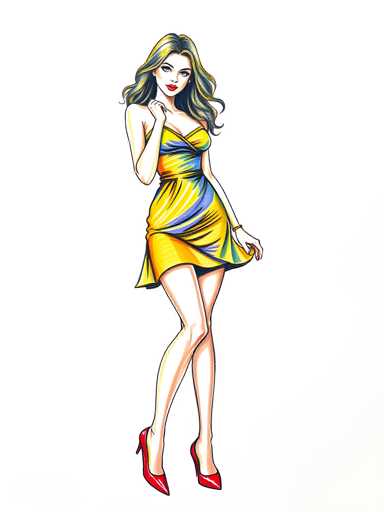 A woman is standing against a white background wearing a yellow and blue striped dress with red heels.