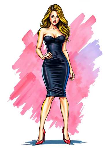 A woman is standing against a pink background with her left hand on her hip and her right hand resting on her thigh. She is wearing a black strapless dress that falls just below her knees, paired with red heels.