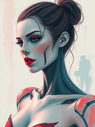 The image depicts a woman with striking red lipstick and dark hair, wearing a futuristic outfit that includes a helmet and goggles. The background is a gradient of pink and blue colors, creating an ethereal atmosphere around the woman's face.