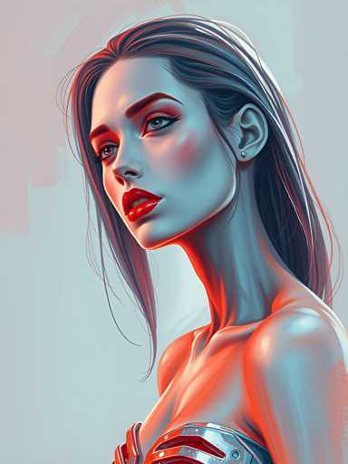 The image depicts a woman with long blonde hair wearing a metallic dress and red lipstick. The background is a gradient of blue and white colors that creates a soft and ethereal atmosphere around the subject.