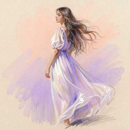 The image depicts a detailed painting of a woman with long, wavy brown hair that cascades down her back, almost reaching her waist. She is barefoot and dressed in a flowing, white dress that appears to be made of a sheer, gauzy material. The dress features puffy sleeves that extend to her elbows and a back that is open, revealing her bare back. The woman is positioned with her back to the viewer, but her head is turned to the left, offering a partial profile view of her face. The background is a blend of soft, pastel colors, including shades of peach, pink, purple, and blue, creating a dreamy and ethereal atmosphere. The overall composition is reminiscent of a watercolor painting, with the colors blending seamlessly into each other.