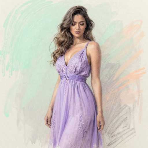 This image features a stunning, highly detailed painting of a young woman, likely in her late teens or early twenties. The subject is depicted with long, wavy brown hair that cascades down to her chest. She is adorned in a light purple, almost lavender, dress that is intricately designed with a low-cut neckline and a corset-like bodice. The dress is further embellished with delicate floral patterns, adding to its elegance. The woman's pose is graceful, with her arms hanging down by her sides, and her gaze is directed downward, giving her a serene and contemplative expression. Her eyes are closed, and her lips are slightly parted, enhancing the overall sense of tranquility. The background of the painting is a soft, light gray, which beautifully complements the subject and her attire. The overall composition is highly realistic, capturing the essence of the subject with remarkable detail and lifelike quality.