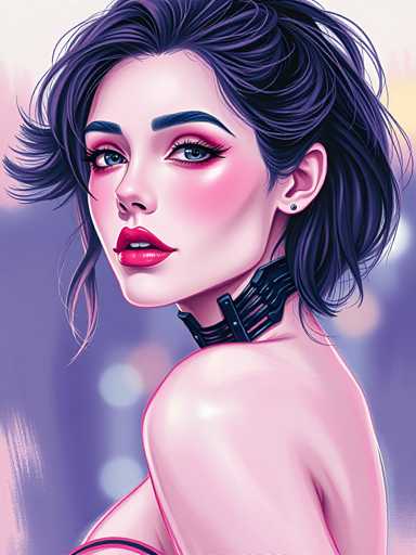 The image depicts a woman with long dark hair wearing a black choker necklace and red lipstick. The background is a gradient of purple and pink colors, creating a soft and dreamy atmosphere around the subject.