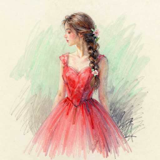 The image depicts a detailed watercolor painting of a young woman, possibly of Asian descent, with long brown hair styled in a braid that drapes over her left shoulder. Her hair is adorned with two pink flowers, one at the top and another near the bottom of the braid. She is wearing a strapless red dress with a heart-shaped bodice and a full skirt, which appears to be made of tulle, giving it a voluminous and elegant look. The woman is positioned with her body facing forward, but her head is turned to the left, her eyes closed, and her lips painted a soft pink. The background features a blend of green and gray hues, with the green becoming more prominent towards the top and the gray towards the bottom, creating a subtle gradient effect. The overall composition is set against a light gray background, enhancing the delicate and ethereal quality of the watercolor painting.